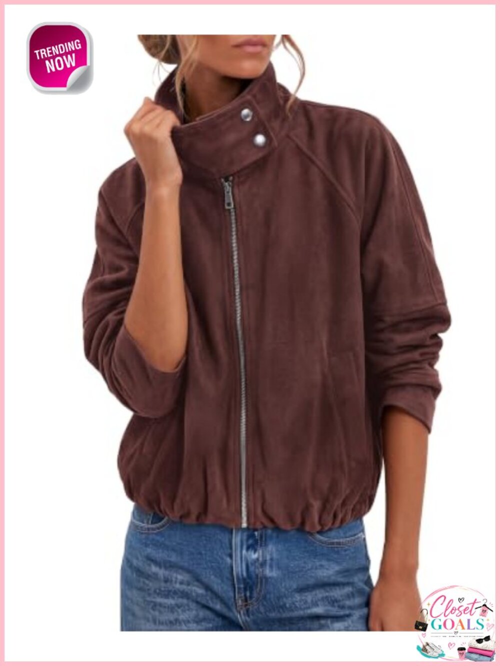 Faux Suede Cropped Funnel Neck Zip Up Jacket